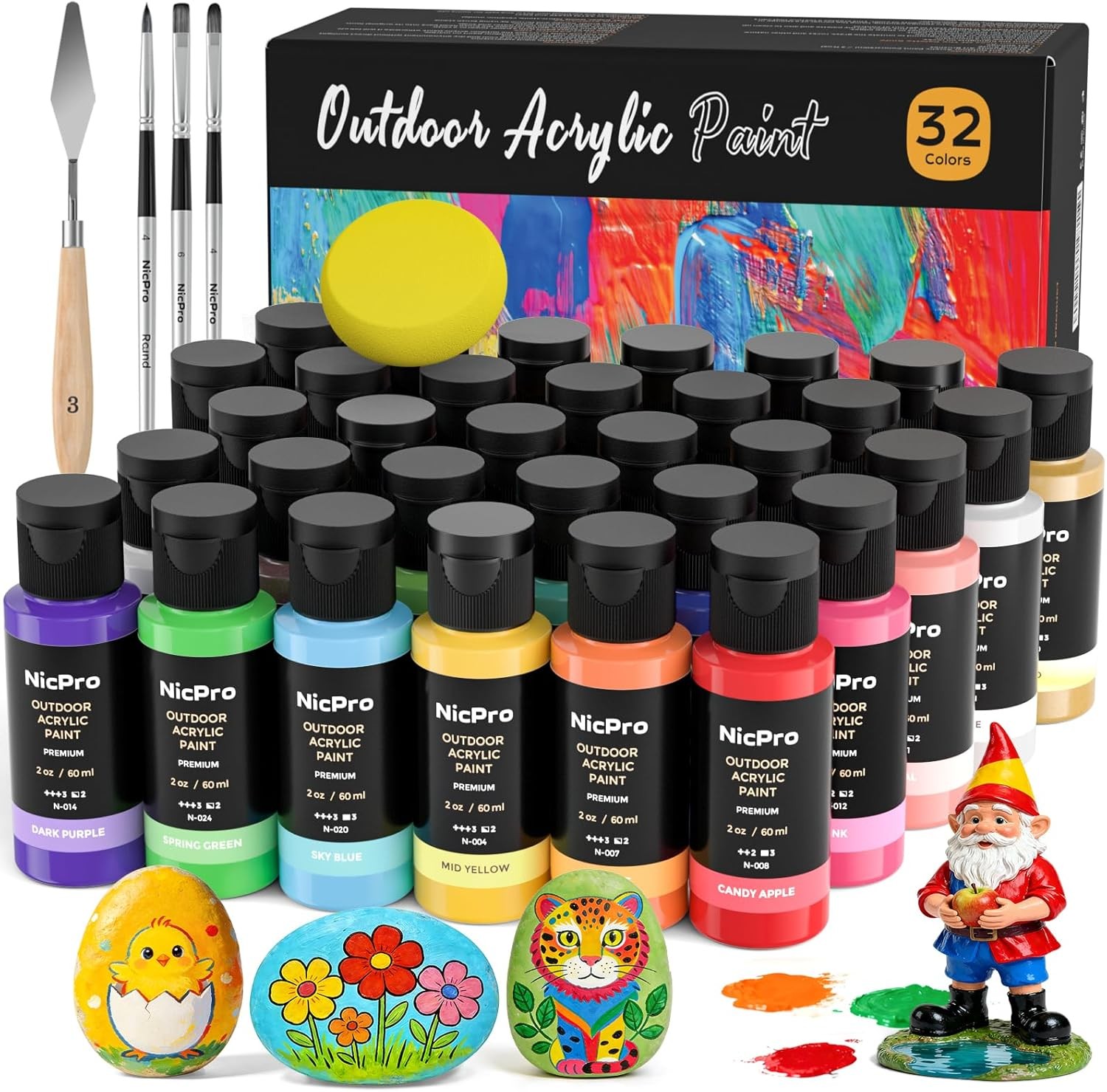 32 Colors Outdoor Acrylic Paint Bulk with Brush and Sponge, Knife, Non-Toxic