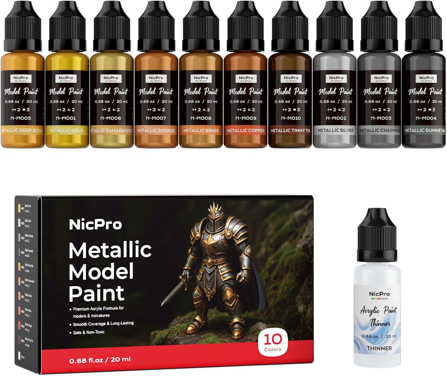 Metallic Model Paint Set 10 Colors 20ml Acrylic Ready to Use Nicpro