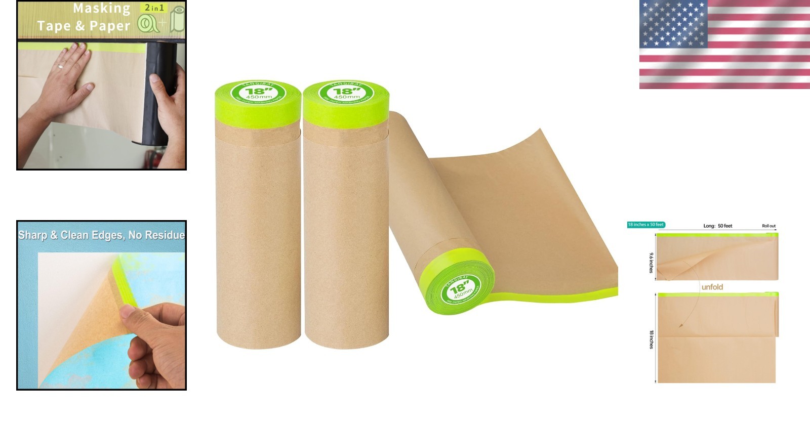 Waterproof Pre-Taped Masking Paper, 18″ x 50′ – 3 Rolls for Multi-Surface Use