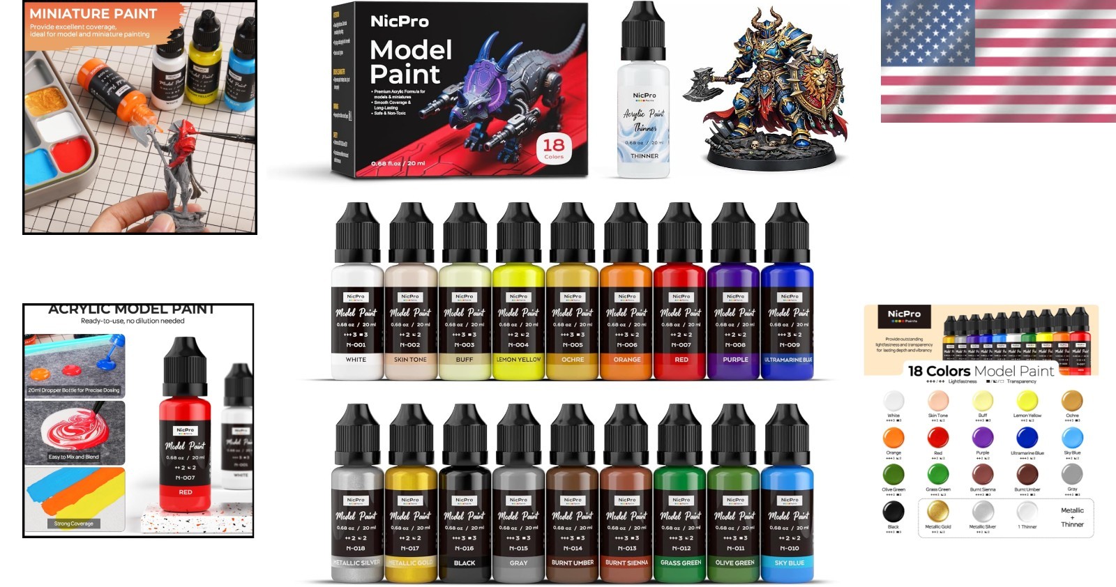 Versatile Miniature Paint Set – 18 Colors, Non-Toxic Acrylics & Thinner Included
