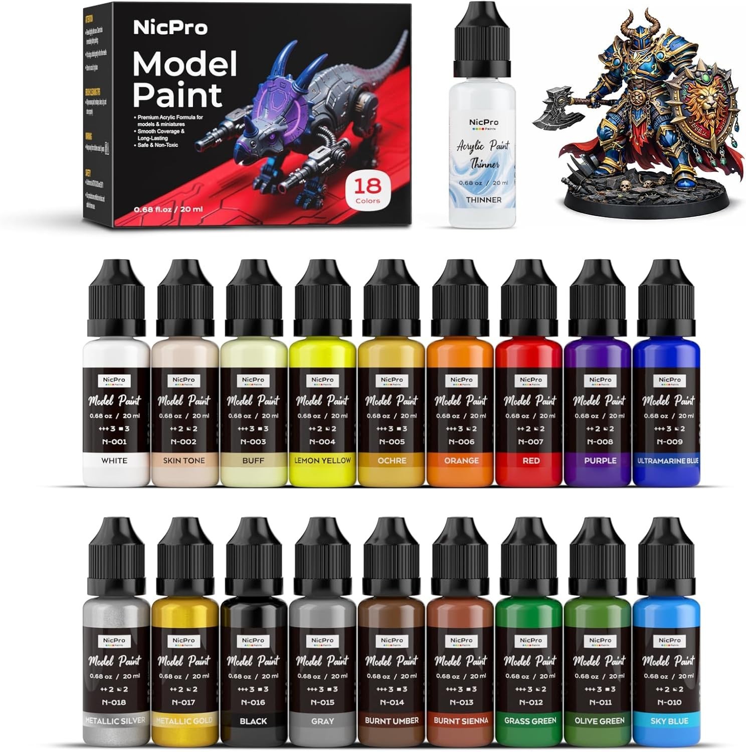 Versatile Miniature Paint Set – 18 Colors, Non-Toxic Acrylics & Thinner Included