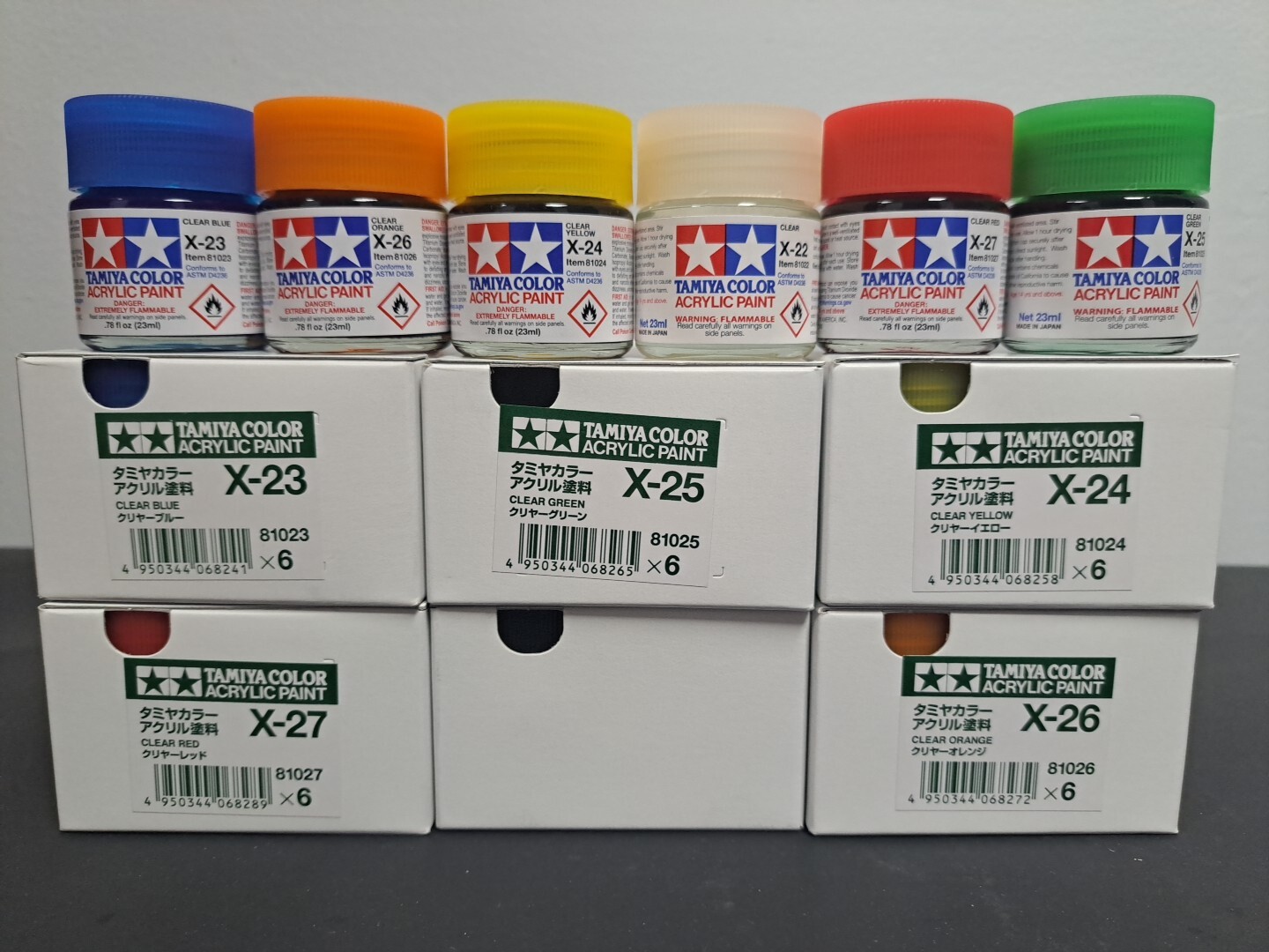 TAMIYA Clears Acrylic Model Paint Set – 6 of the 23 ML Large Bottles , Fresh