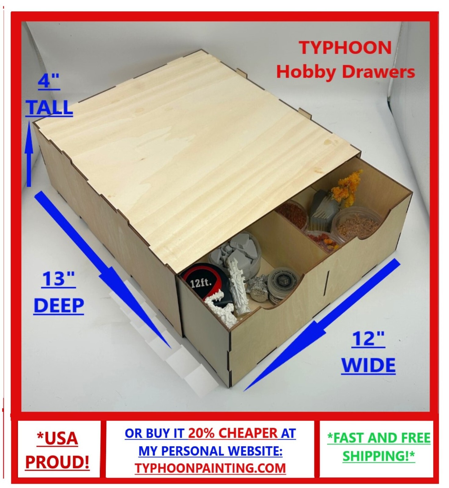 HOBBY PAINT STACKABLE DRAWERS, TYPHOON© USA HOBBY STORAGE WOODEN ORGANIZER
