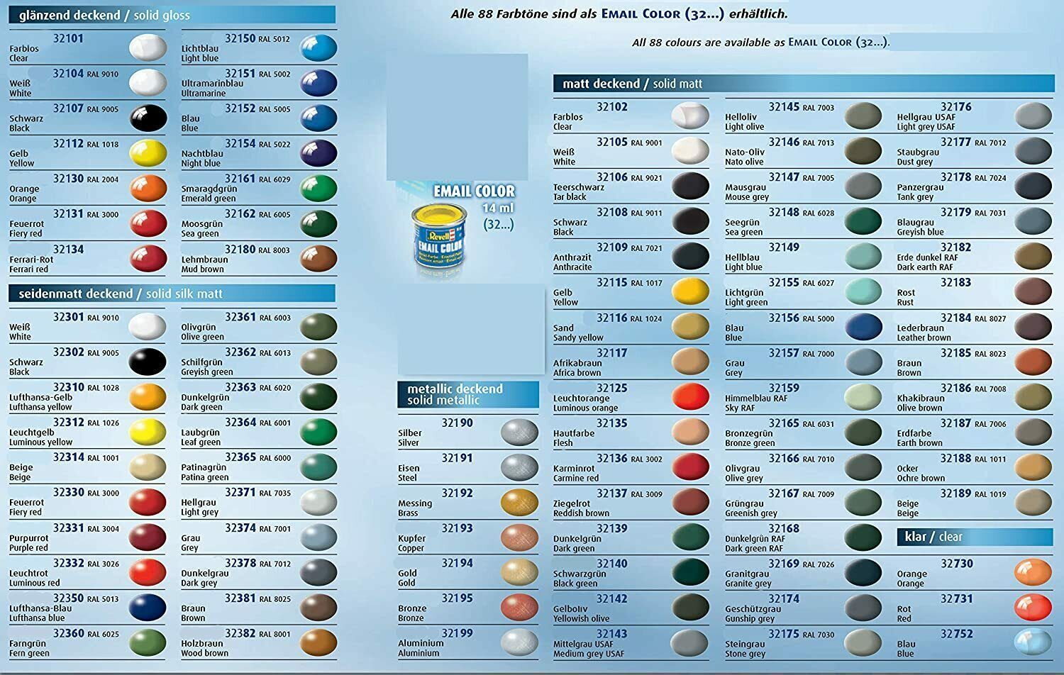 Revell Email (Enamel) Paint Color 14ml Gloss, Matt, Silk, Metallic, Clear NEW