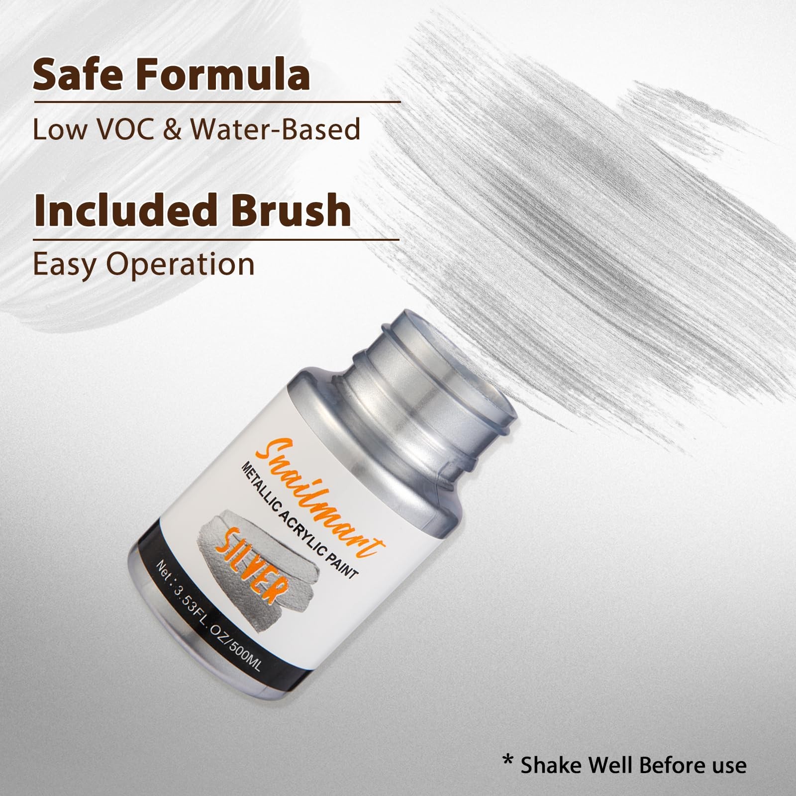 500ml Metallic Silver Acrylic Paint with Brush NonToxic, NonFading Silver Le…