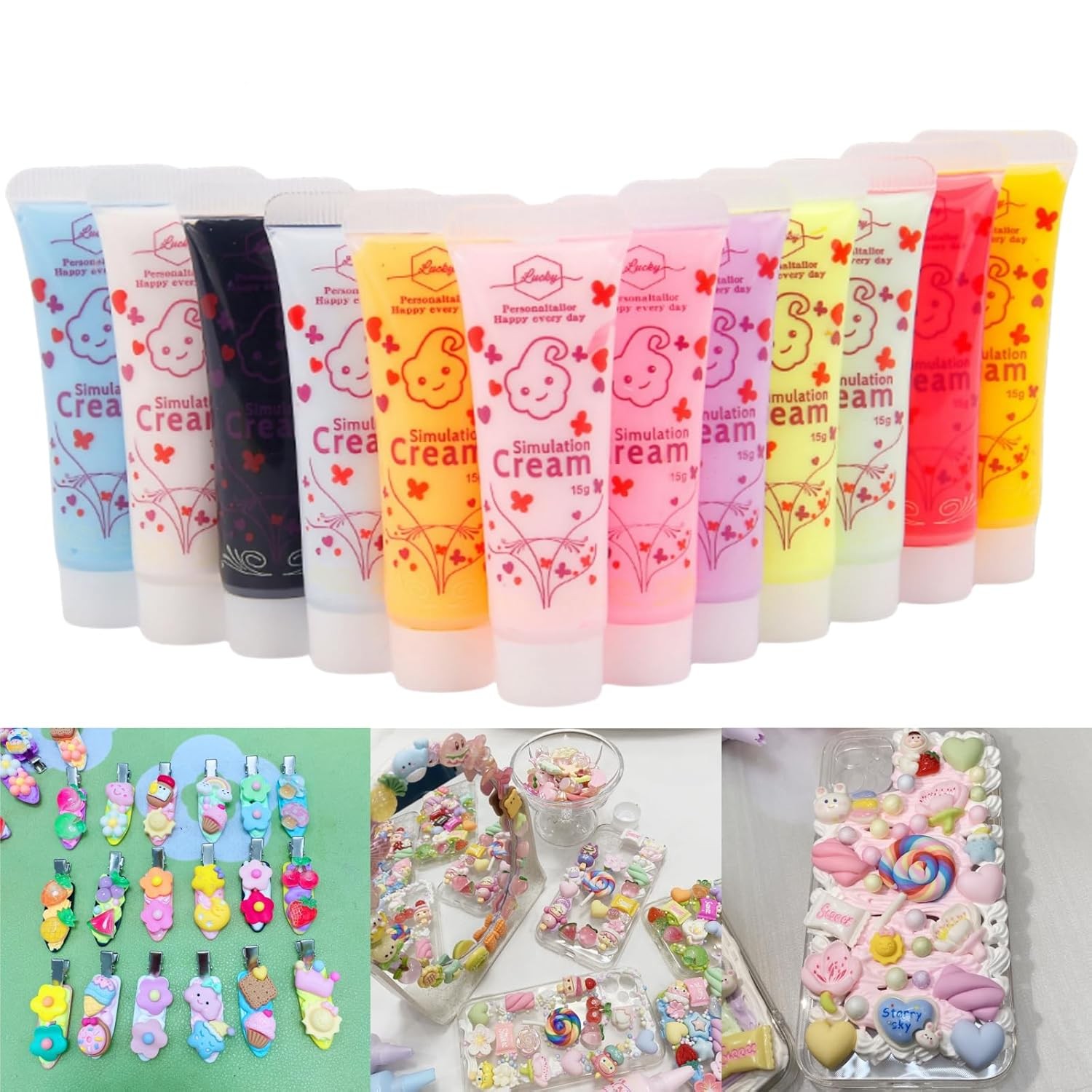 12 Colors (15ml Each) Cream Glue for DIY Crafts, 12 Pcs Decoden Cream DIY Cas…