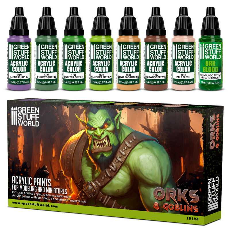 Green Stuff World Orks & Goblins Acrylic Model Paint Set – 8 Paints