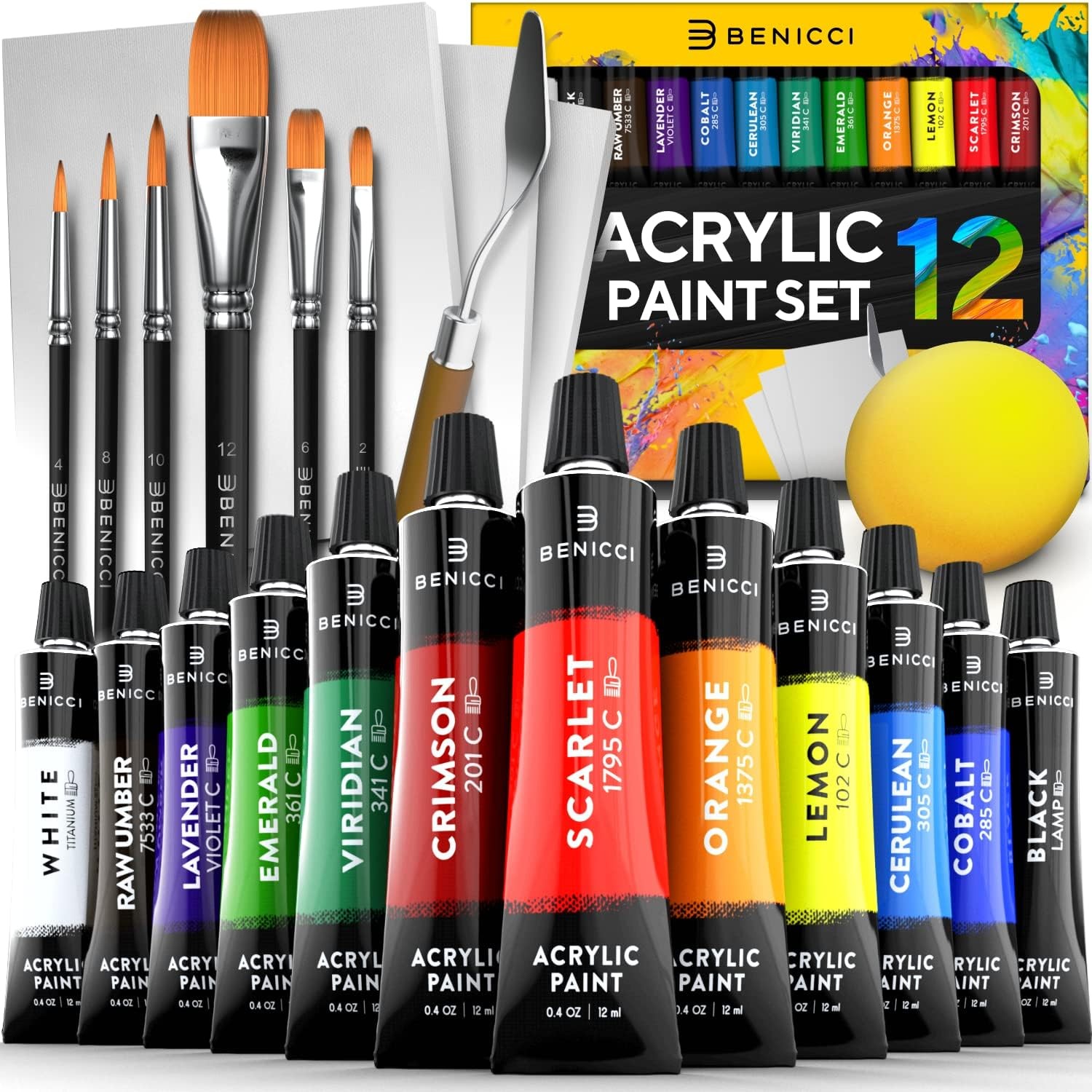 Complete Acrylic Paint Set – 12х Rich Pigment Colors & 6x Art Brushes – Includes