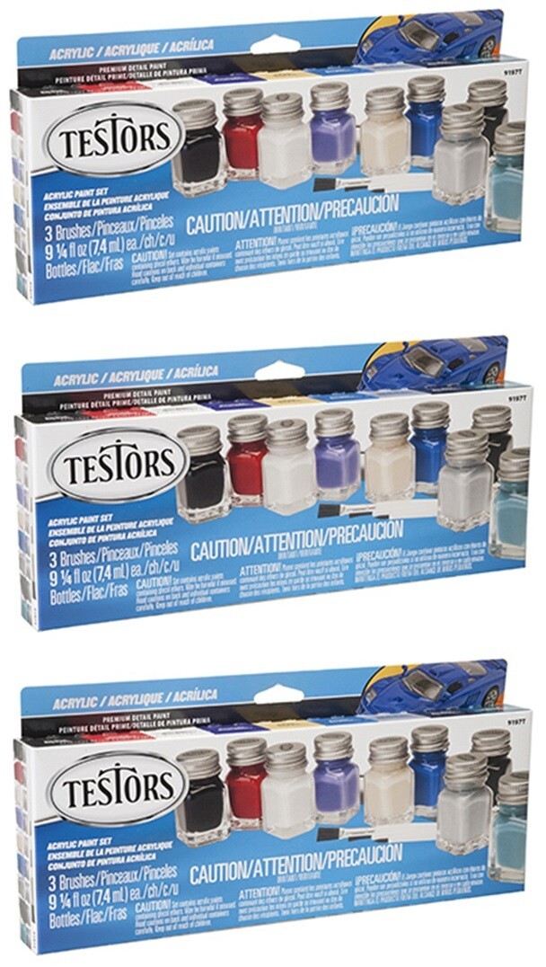Testors 281236 9 Color Acrylic Model Car Paint Set & Brush Kit – Pack of 3