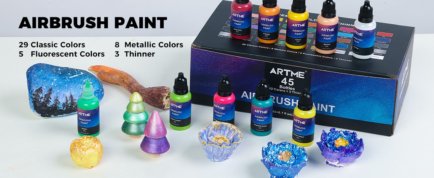 Airbrush Paint, 42 Colors with 3 Thinner, Ready to Spray, Opaque & Water Based