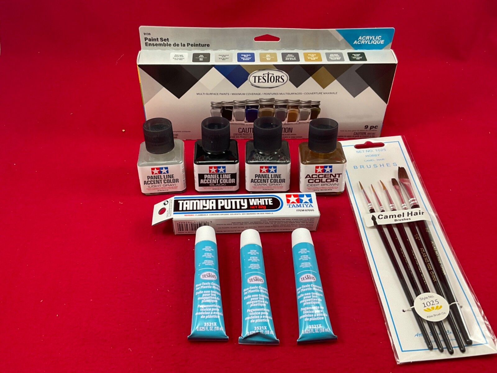 TESTORS + TAMIYA MODELING SET Paint Glue Cement Brushes Putty model car plane C