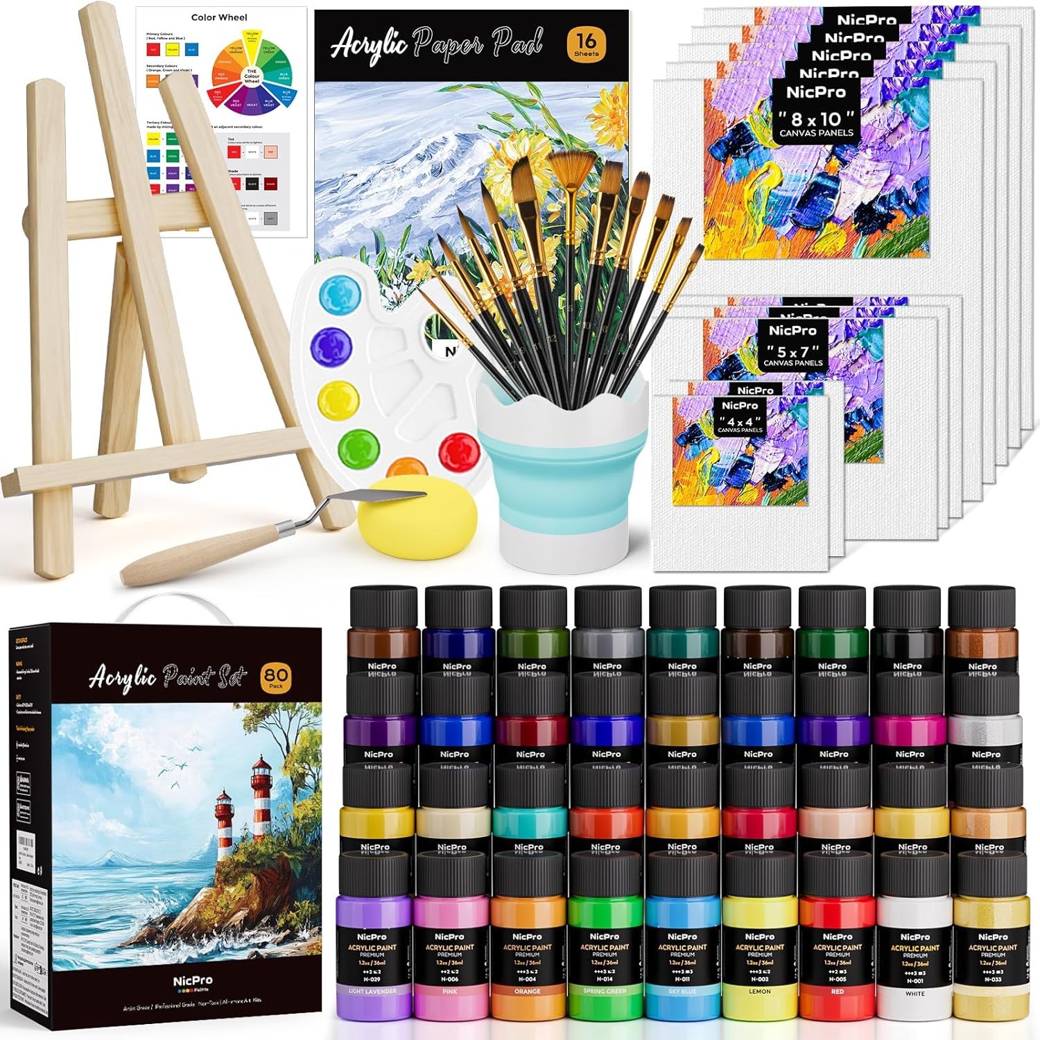 Acrylic Paint Canvas Set for Adults, 80PCS Art Painting Supplies Kit with 36
