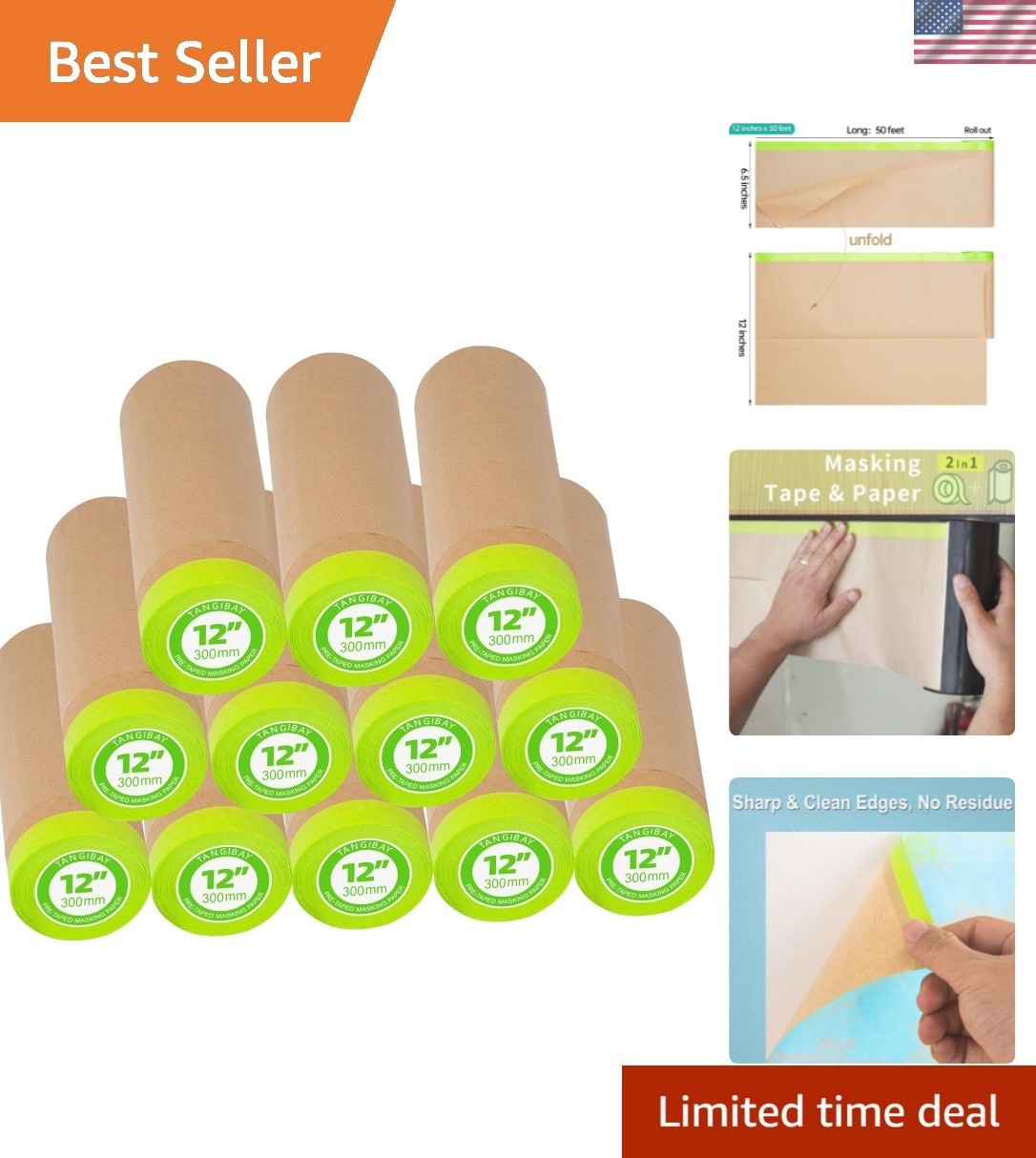 Waterproof Pre-Taped Masking Paper Roll 12in x 50ft – Perfect for Easy Painting