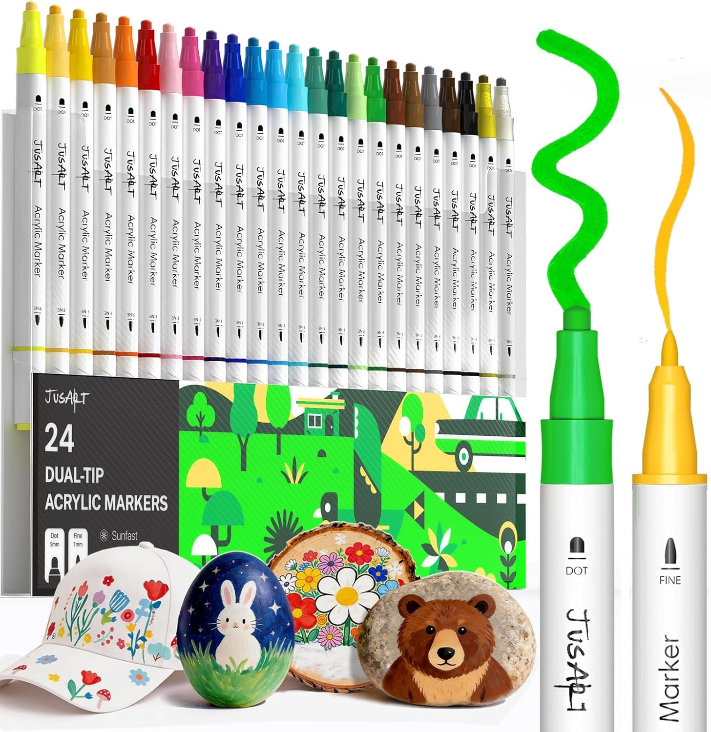 24 Colors Acrylic Paint Markers, Dual Tip Coloring Markers with Dot and Fine Tip