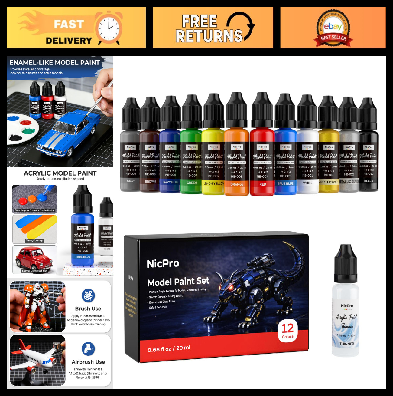 12 Colors Acrylic Paint Set – Gloss Finish, 20ml, Airbrush & Brush Compatible, M
