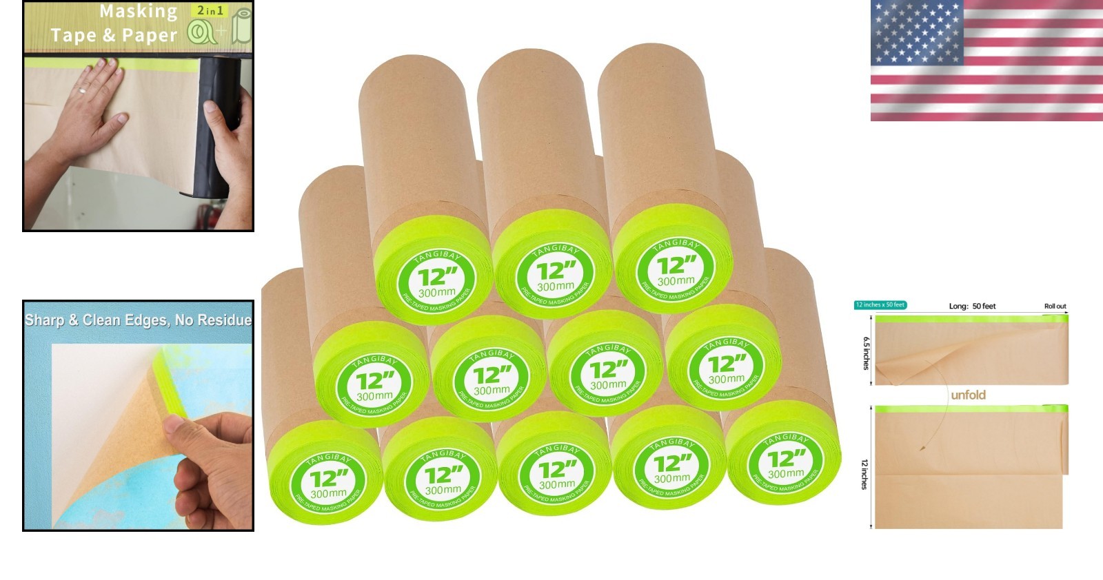 Waterproof Pre-Taped Masking Paper Roll 12in x 50ft – Perfect for Easy Painting