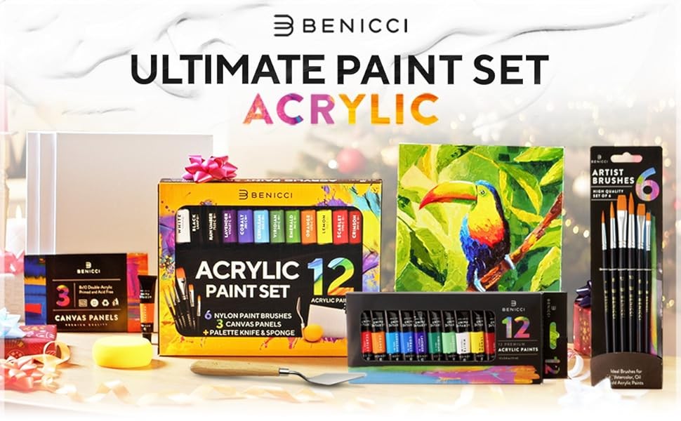 Complete Acrylic Paint Set – 12х Rich Pigment Colors & 6x Art Brushes – Includes