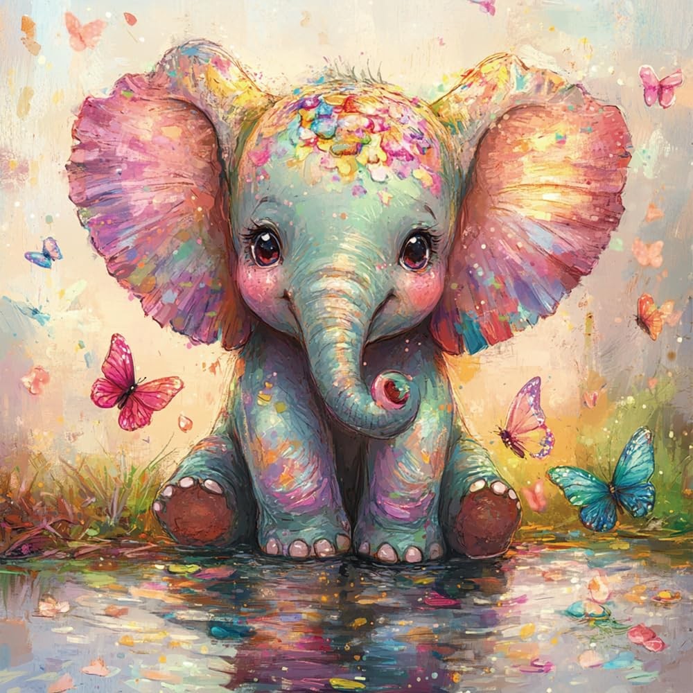Cute Elephant with Butterflies Diamond Painting Kits for Adults, 5D Full,Round Q