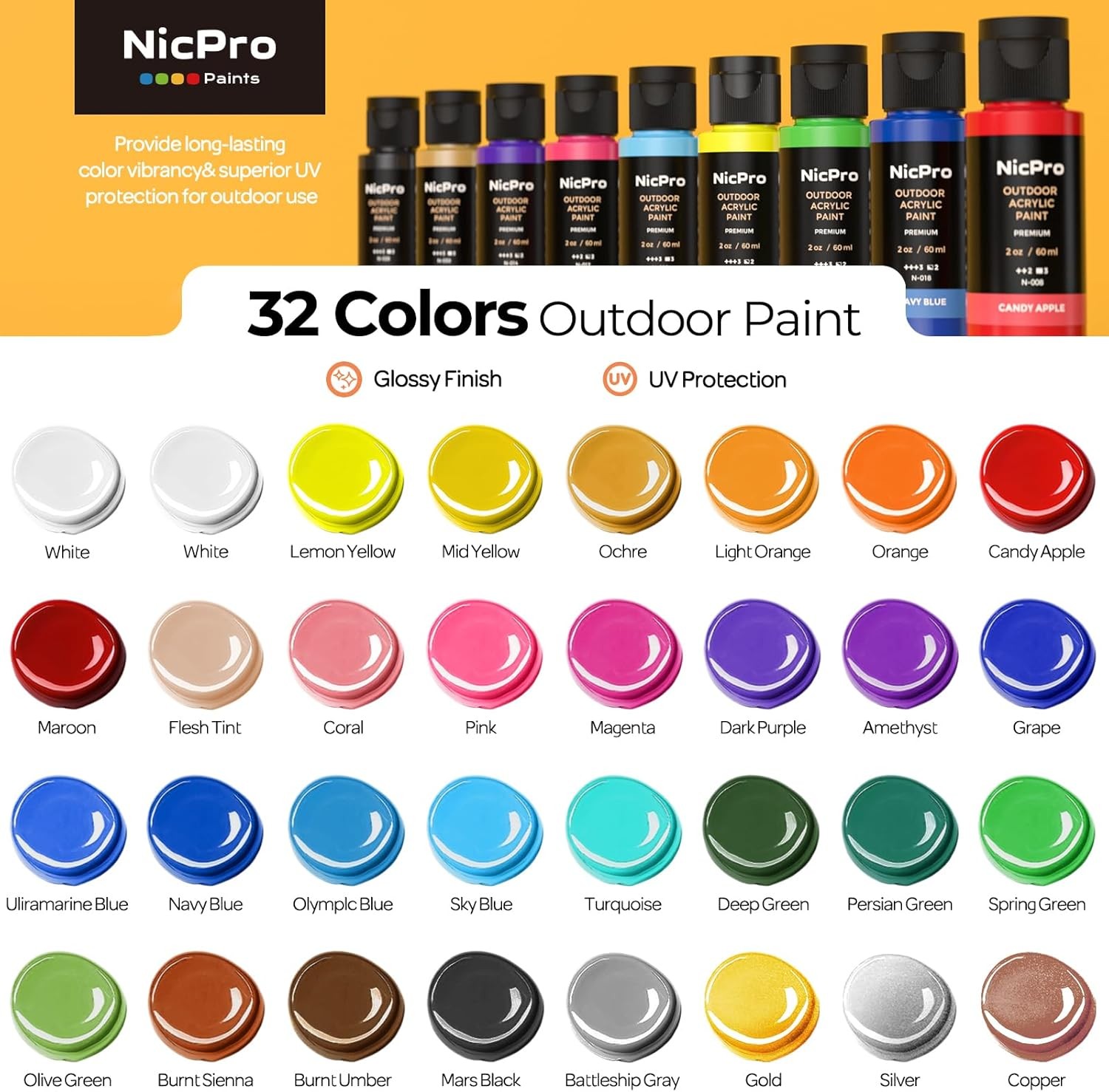 32 Colors Outdoor Acrylic Paint Bulk with Brush and Sponge, Knife, Non-Toxic