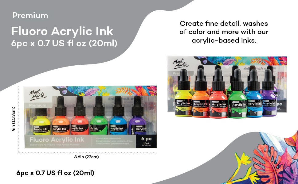 Acrylic Ink Premium 6pc x 20ml (0.7 US fl.oz), Acrylic Inks for Artists, Fluoro