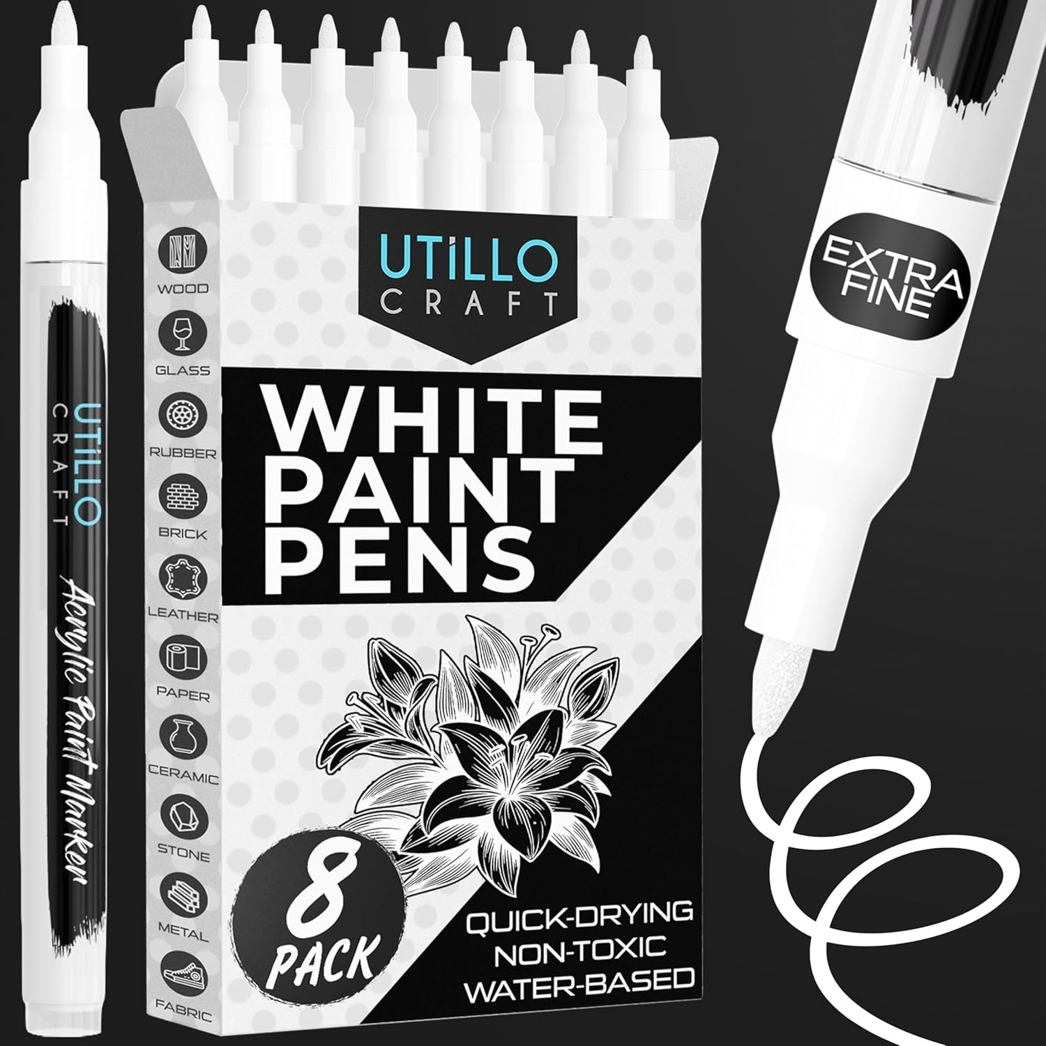 White Paint Pen (8-Pack) Extra Fine White Paint Markers for Metal, Fabric, Wood,