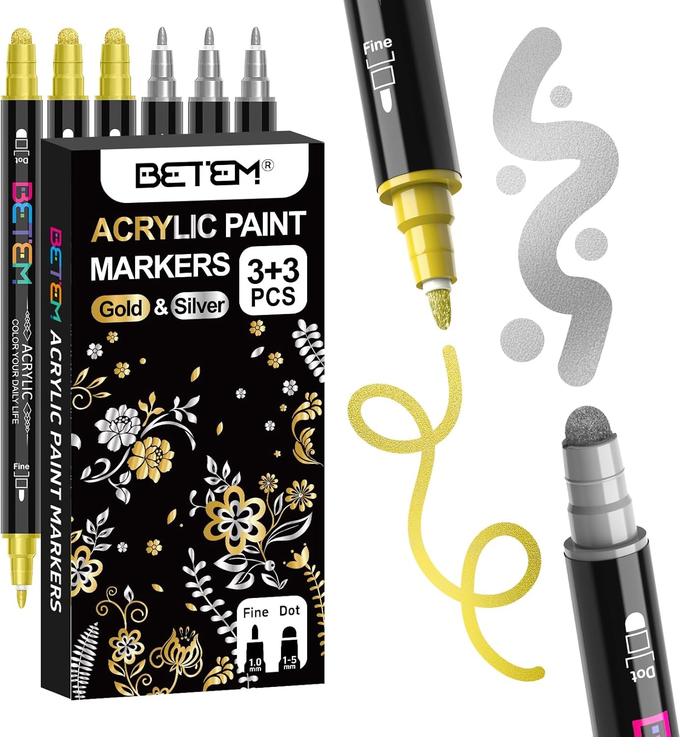 6 Gold&Silver Dual Tip Acrylic Paint Markers, Fabric Decorating Kits Premium