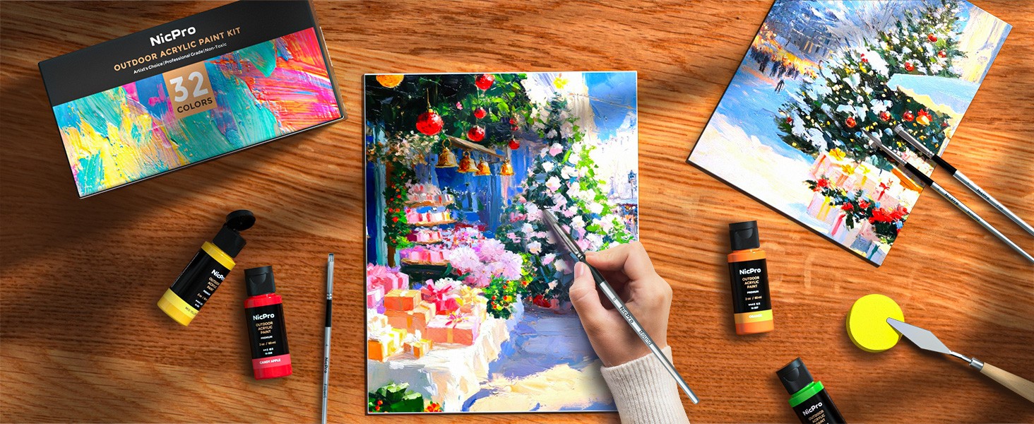 32 Colors Outdoor Acrylic Paint Bulk with Brush and Sponge, Knife, Non-Toxic