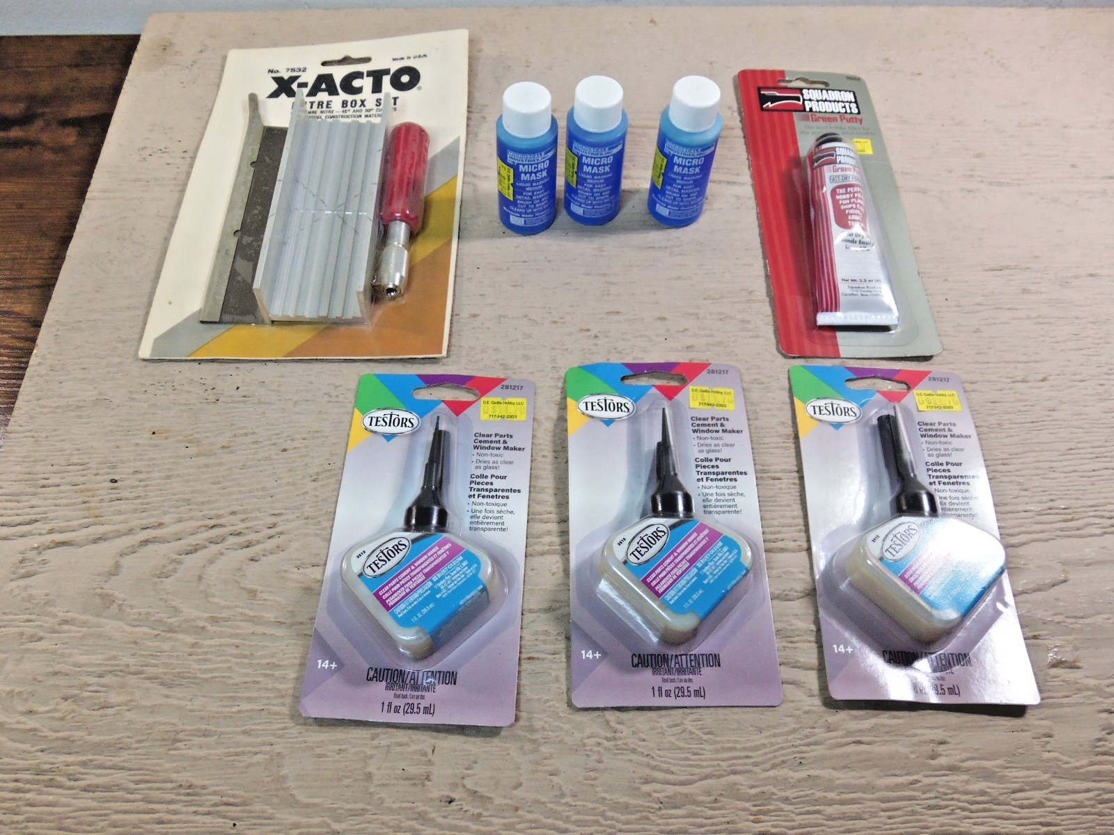 Micro Mask MI-7 x3, Xacto Miter Box, Green Putty, Testors Clear Parts Cement x3