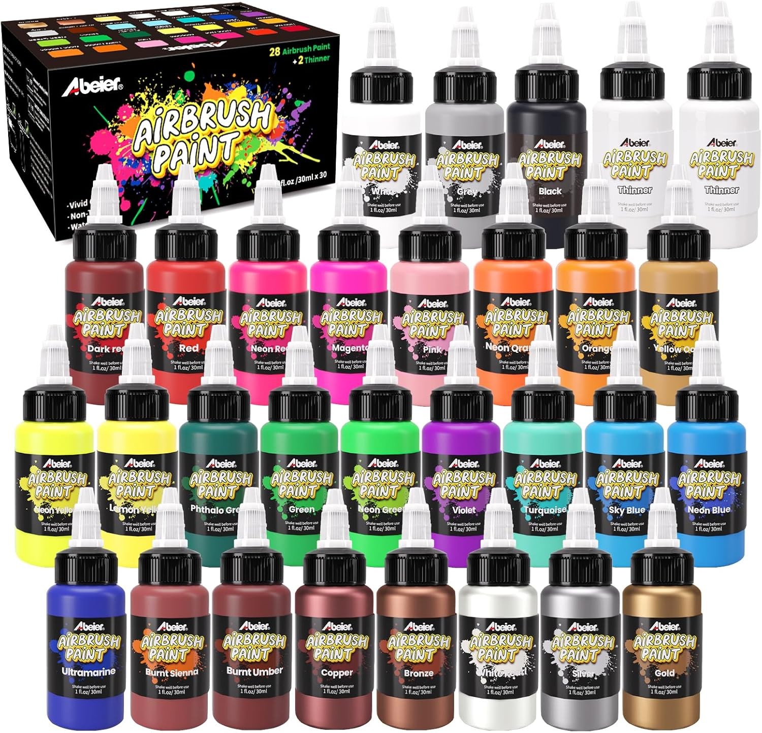 Airbrush Paint Set – 28 Colors +2 Thinners, Ready to Spray Acrylic Airbrush