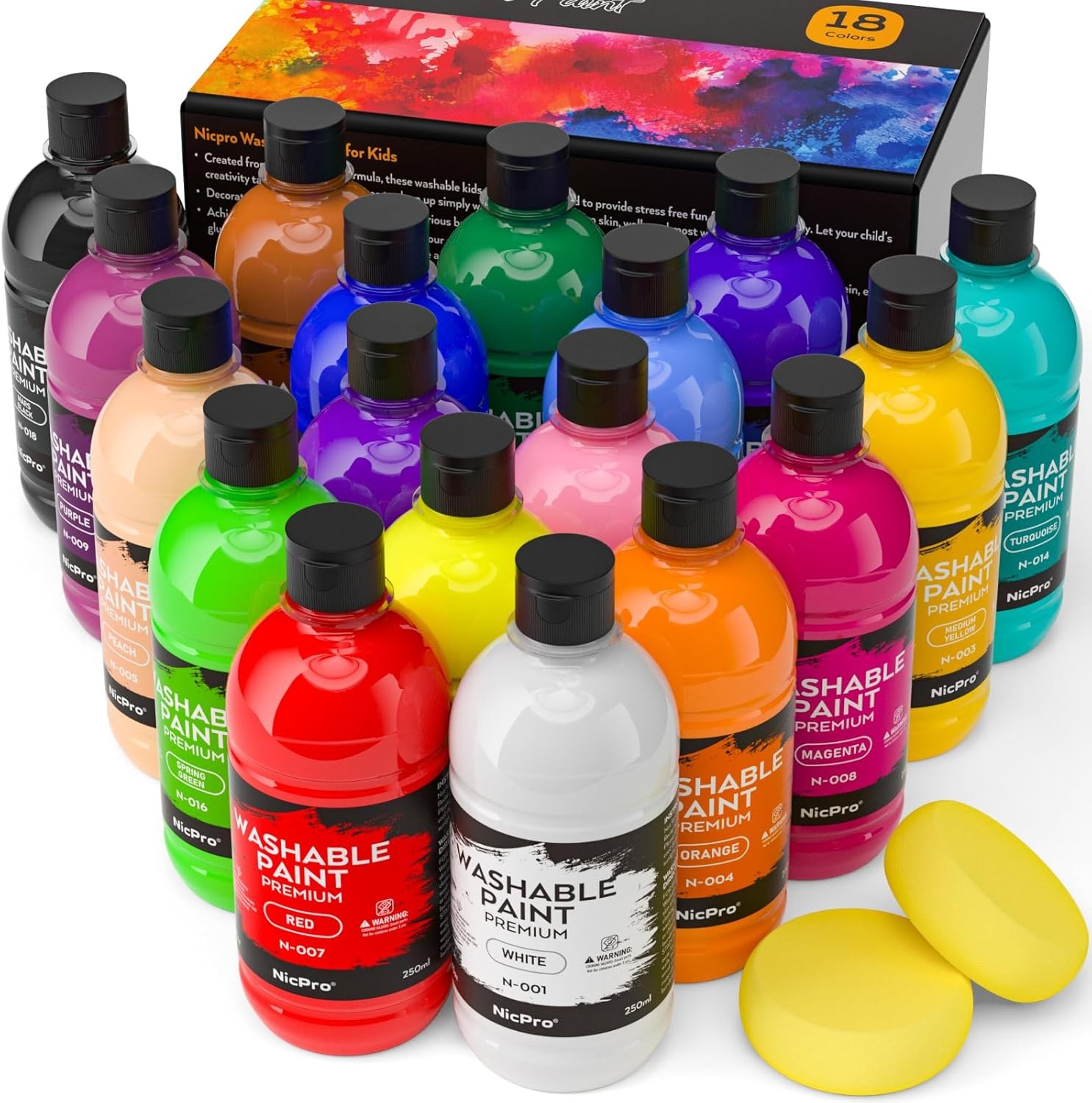 18 Colors Large Washable Paint Set for Kid (8.45oz), Acrylic Bulk Paint Supplies