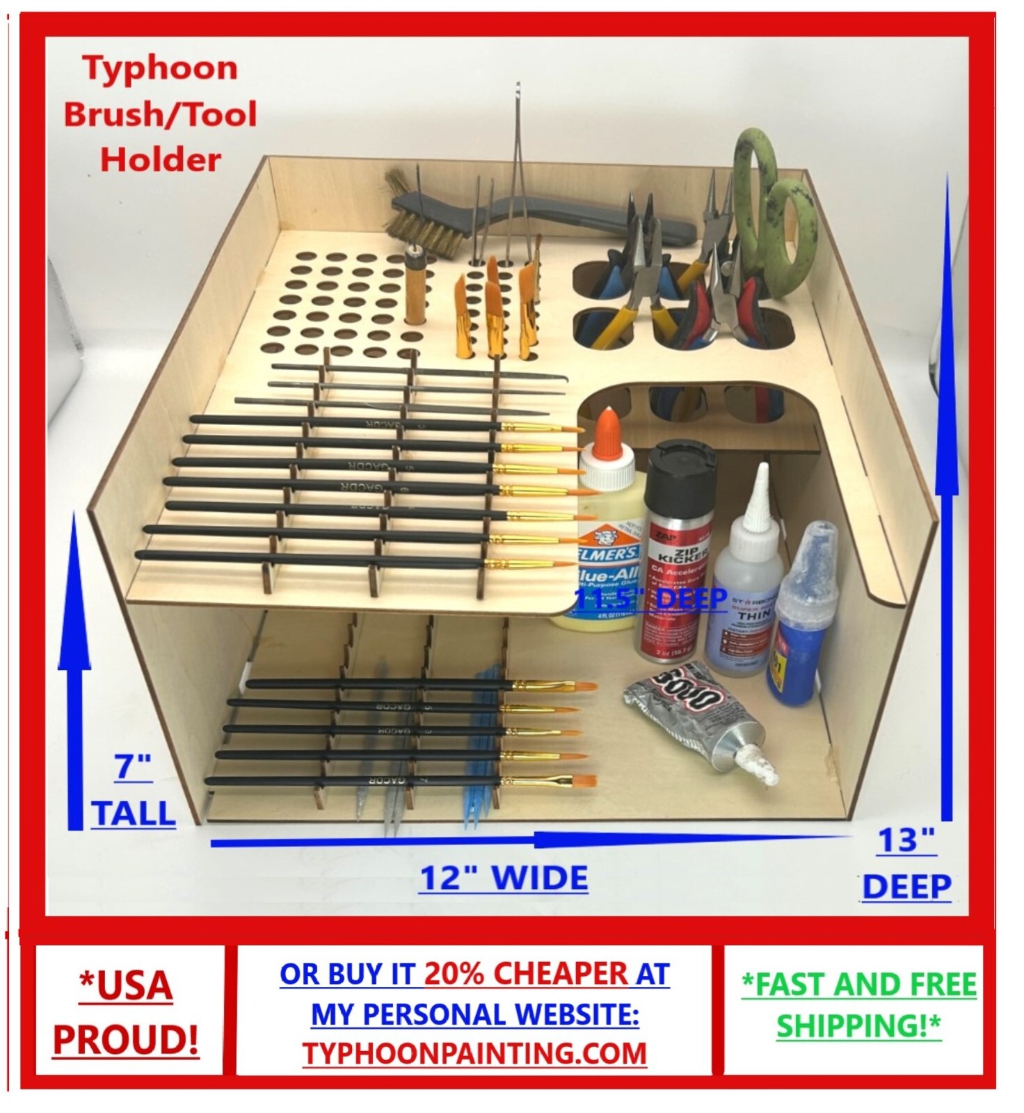 TYPHOON BRUSH HOLDER/TOOL RACK, TYPHOON© USA HOBBY STORAGE WOODEN ORGANIZER