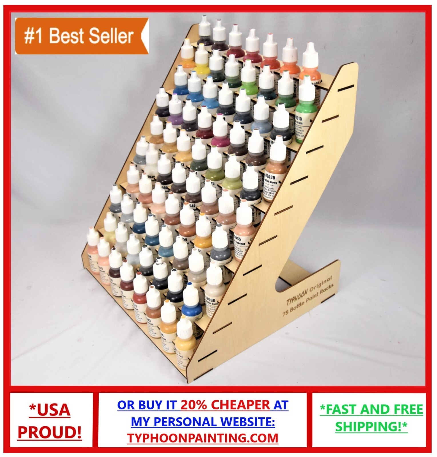 75 BOTTLE PAINT RACK TYPHOON USA HOBBY STORAGE WOODEN ORGANIZER VALLEJO, TESTORS