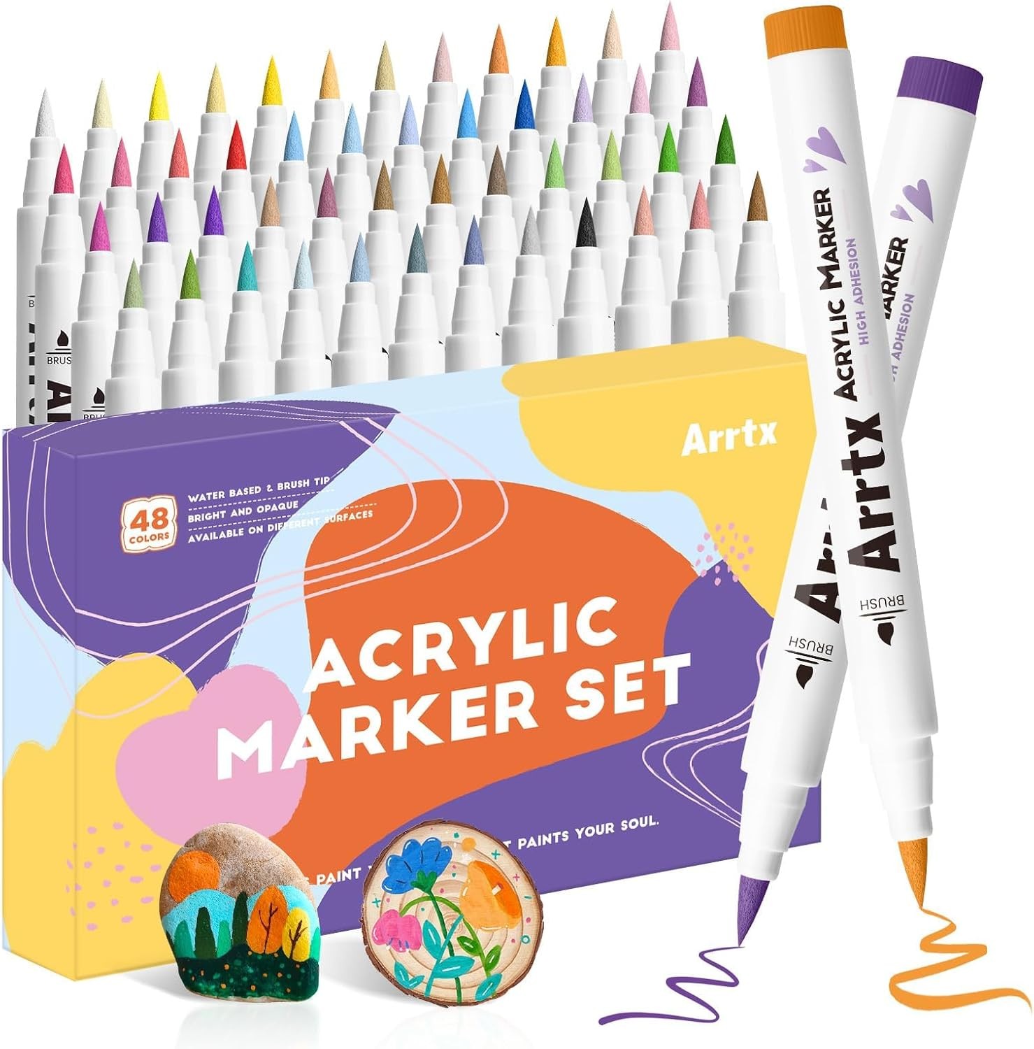 48 Colors Acrylic Marker, for Rock Painting, Extra Brush Tip Markers Paint Pens,