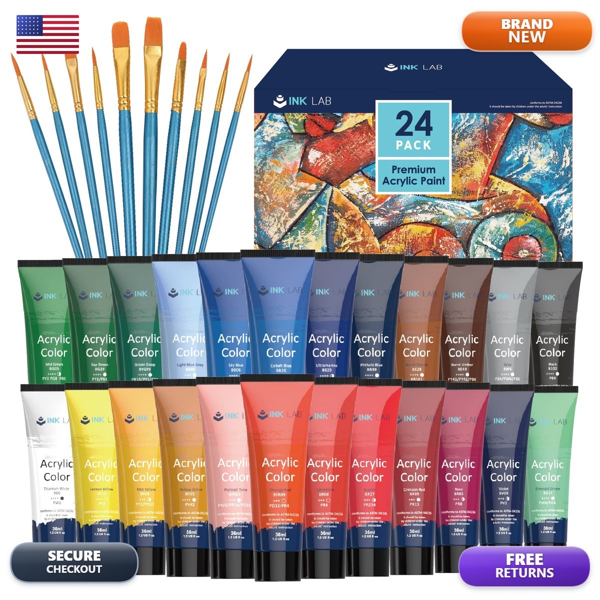 Acrylic Paint Set 24 Colors 10 Brushes 36ml/Tube Canvas Wood Fabric Artists
