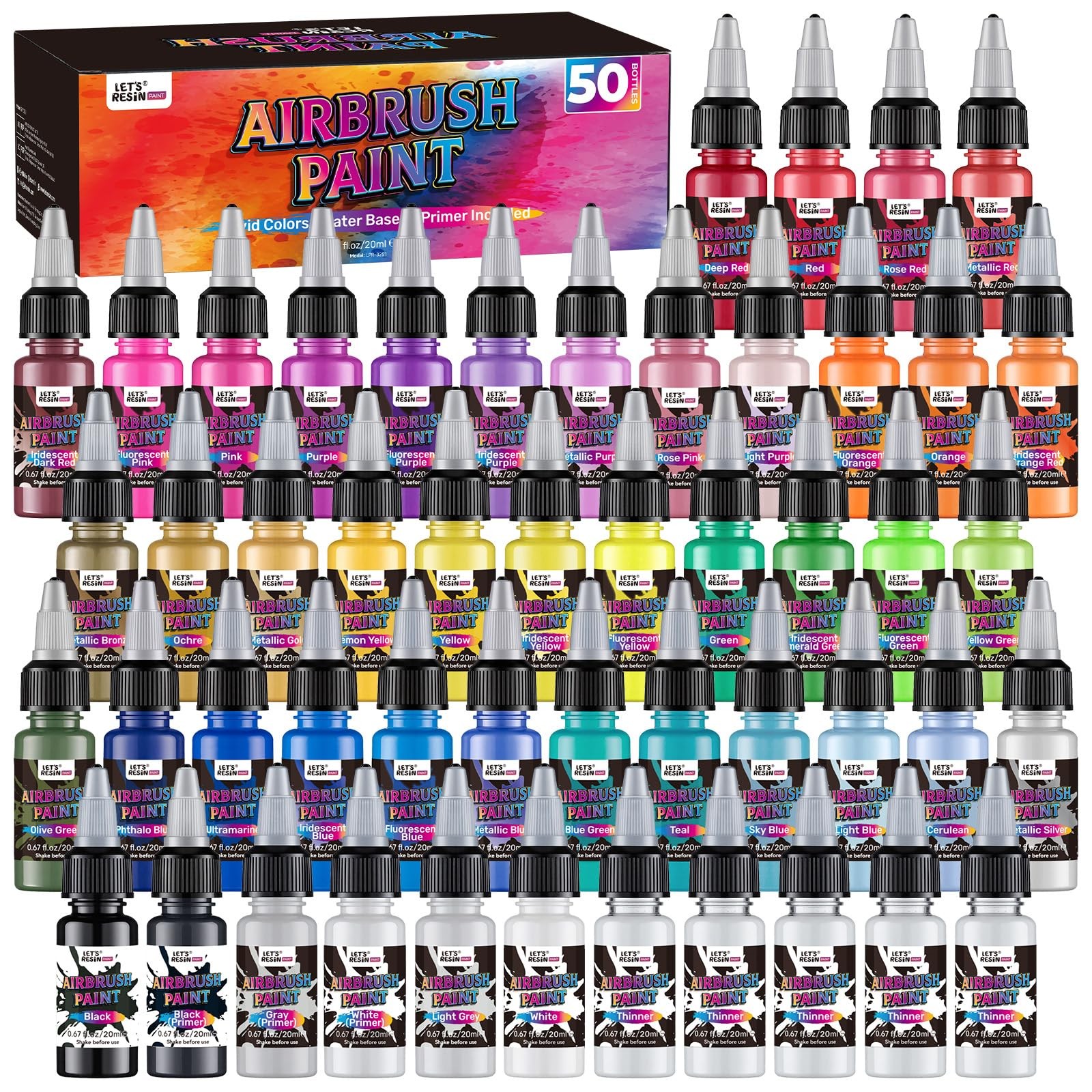 42 Color Airbrush Paint Set with 3 Primers & 5 Thinners – Water-Based