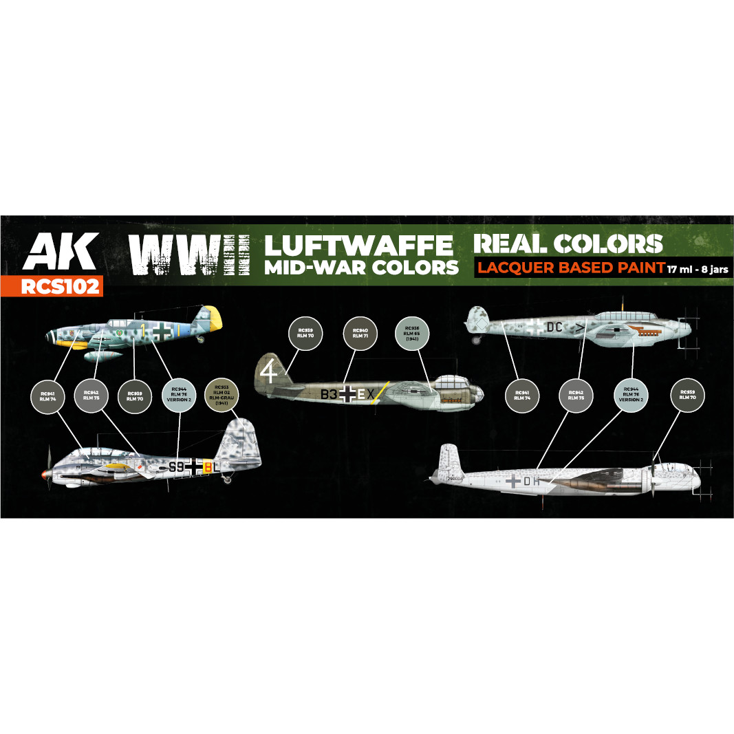 Real Colors Set WWII Luftwaffe Mid-War Lacquer Based Paint (8) 17ml Bottles