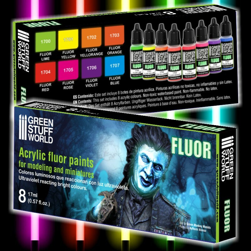 Green Stuff World Fluor Fluorescent Neon UV Model Paint Set – 8 Paints