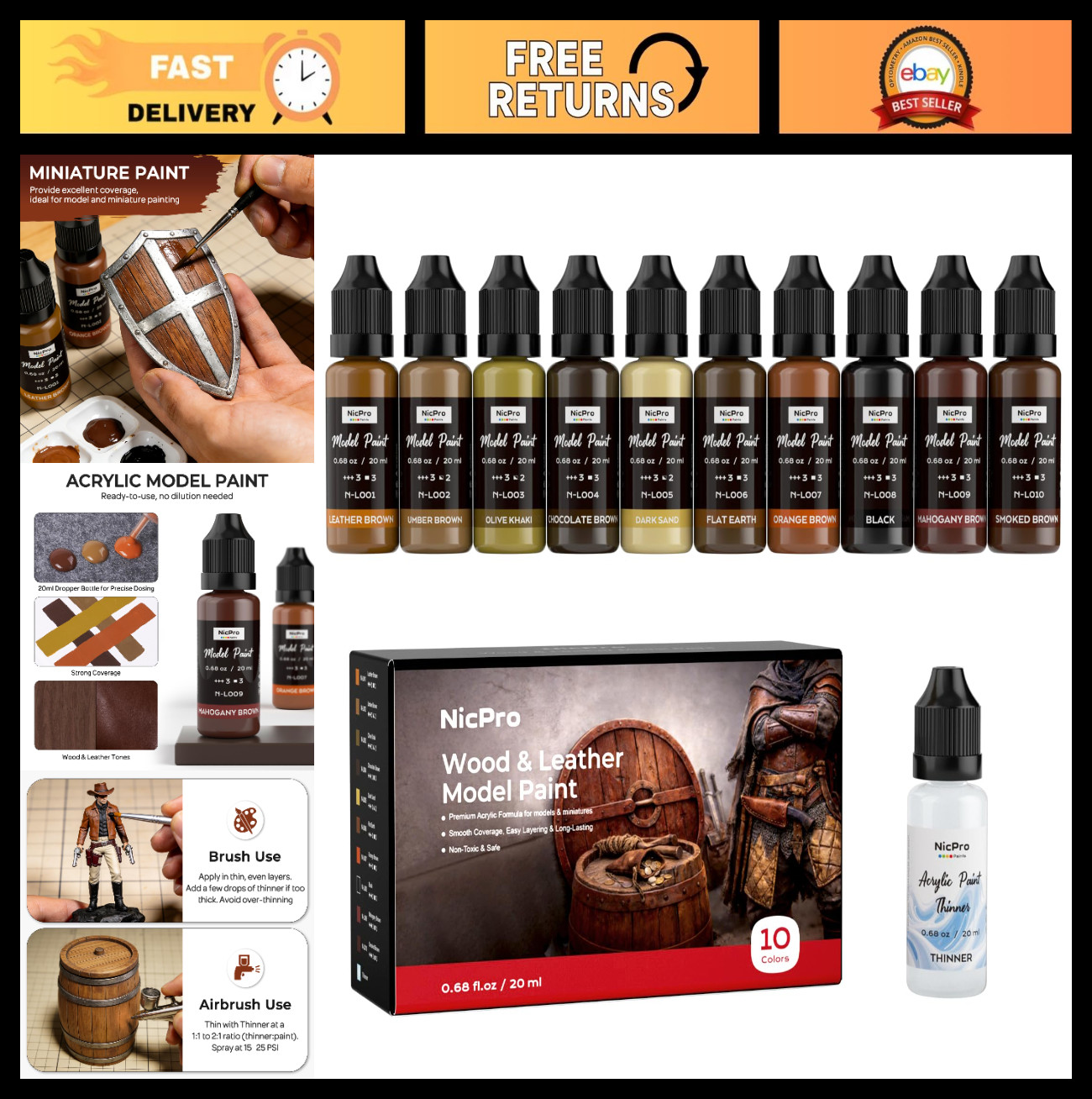10 Colors Acrylic Paint Set for Wood & Leather, 20ml – Miniature & Model Paintin