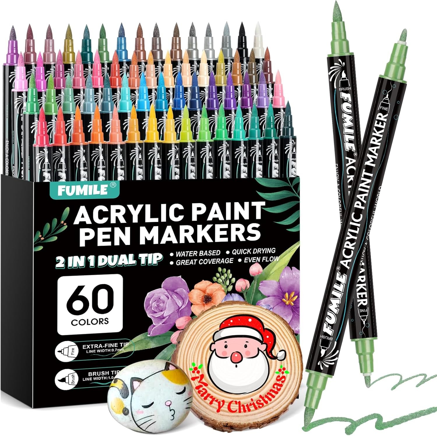60 Colors Acrylic Paint Markers Dual Tip(Fine and Brush Tip), Acrylic Paint Pens