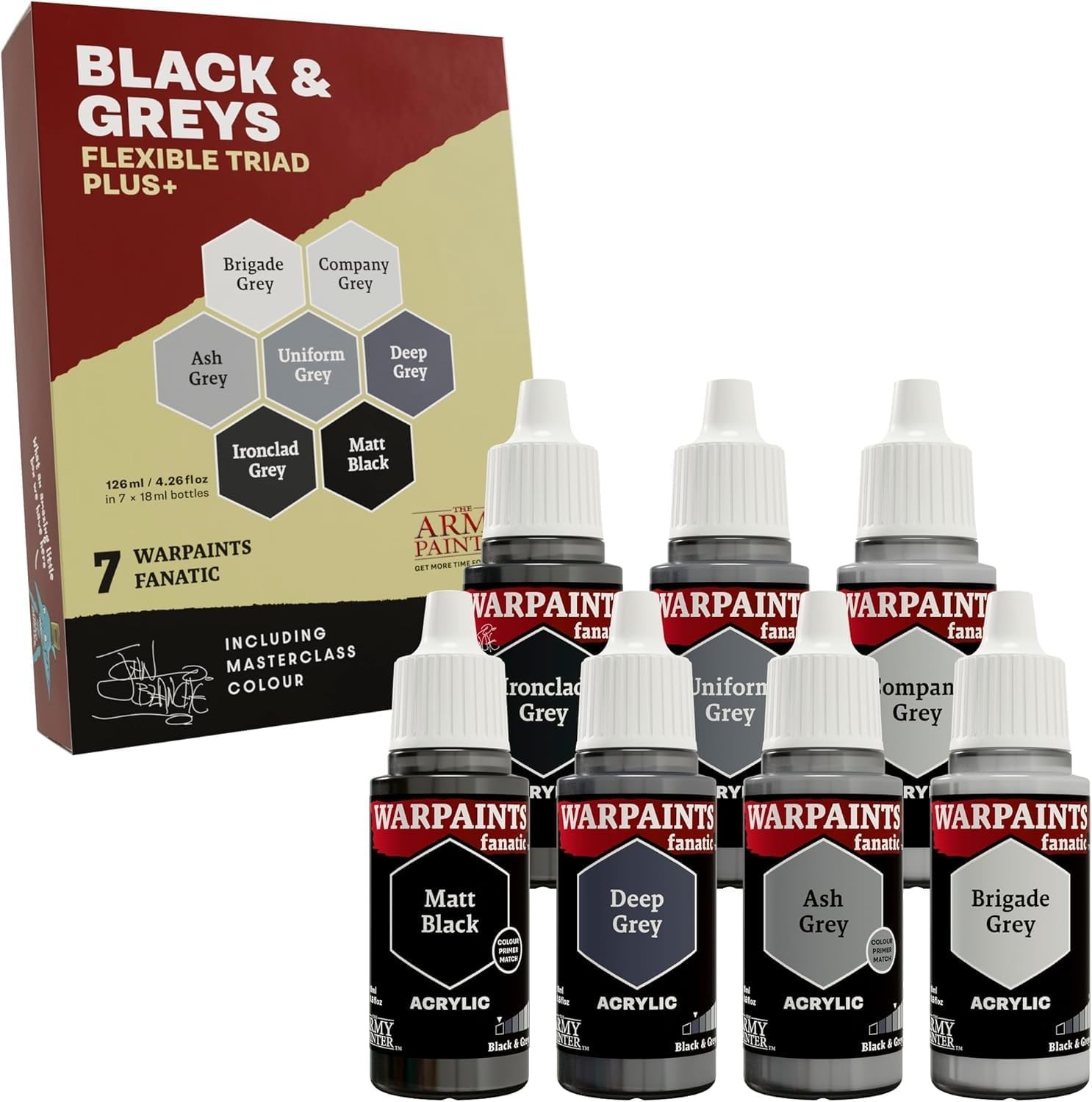 Warpaints Flexible Triad PLUS+: Black & Greys, 7 x 18 ml acrylic paints –