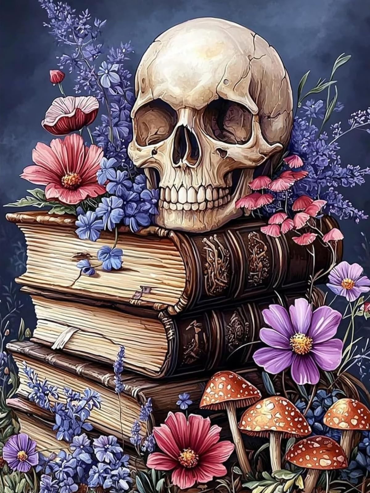 5D Full Round Drill Diamond Painting Kit for Adults, Vintage Skull Old Books