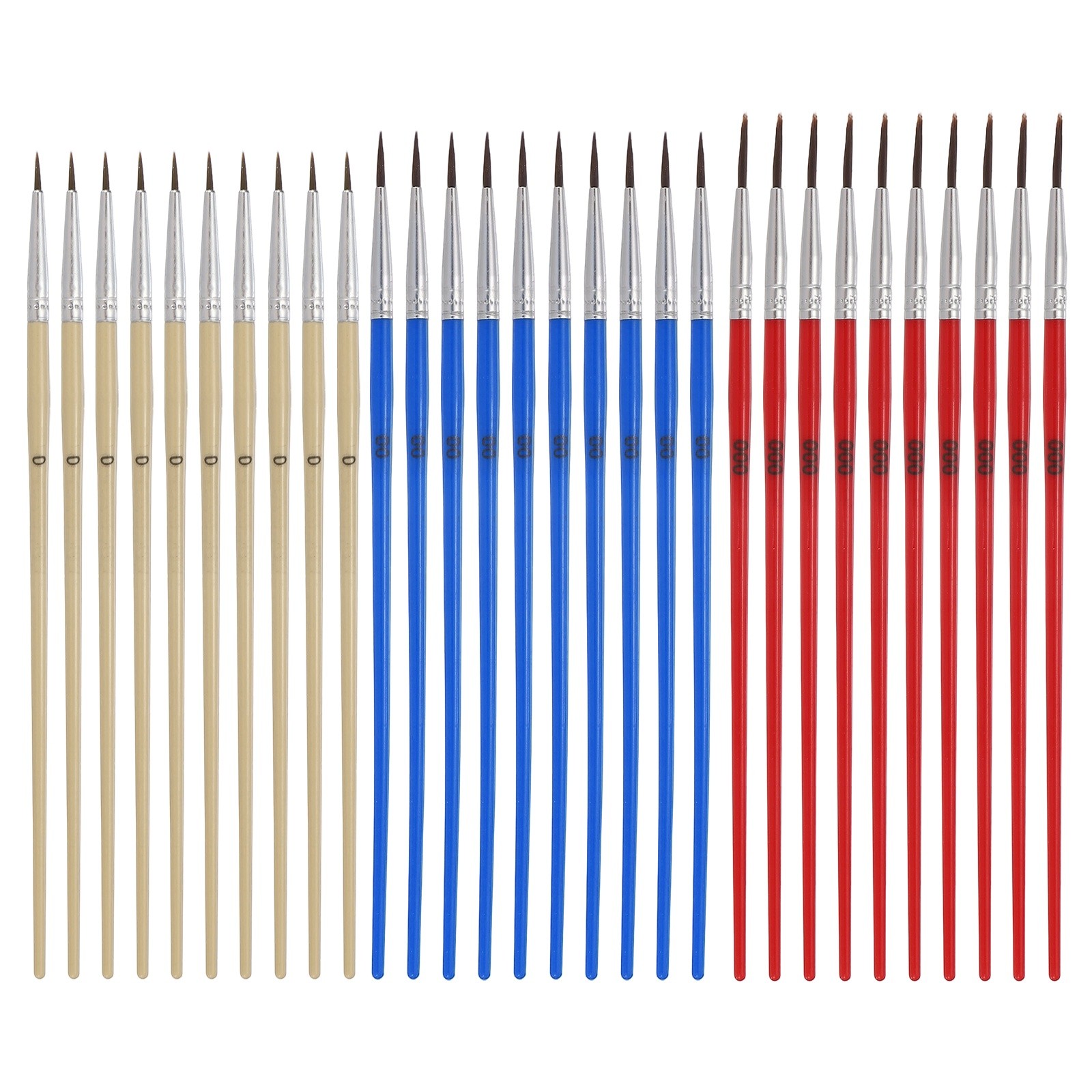 30Pcs Small Detail Paint Brush for DIY Art(Wood Color, 0/Blue, 00/Red, 000)