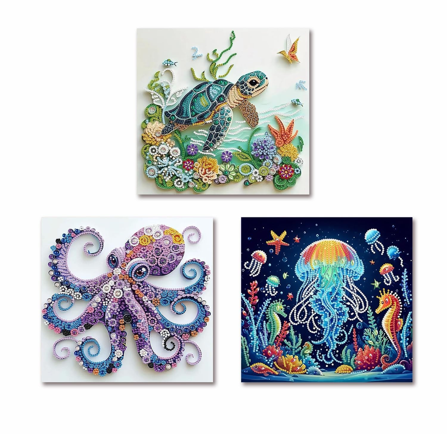 3 Pack Special Shape Diamond Art Kits for Adults, Marine Animal 5D Diamond Paint