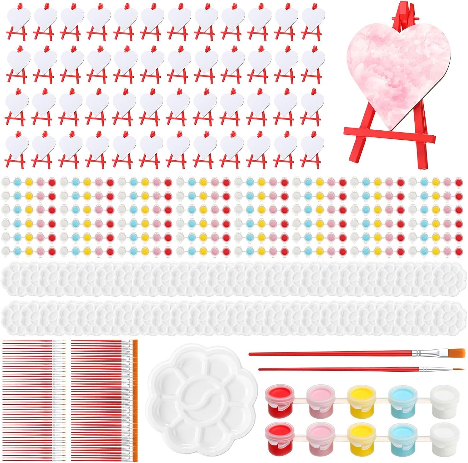 48 Sets DIY Acrylic Paint Kit Mini Stretched Heart Shaped Canvas with Easel,