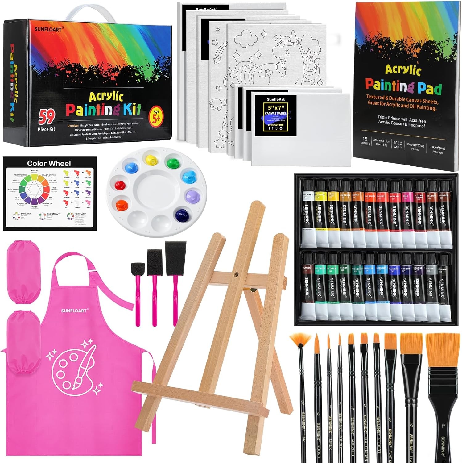 59pcs Acrylic Paint Set – Art Supplies Kit With 24 Non-Toxic Paints, Easel,