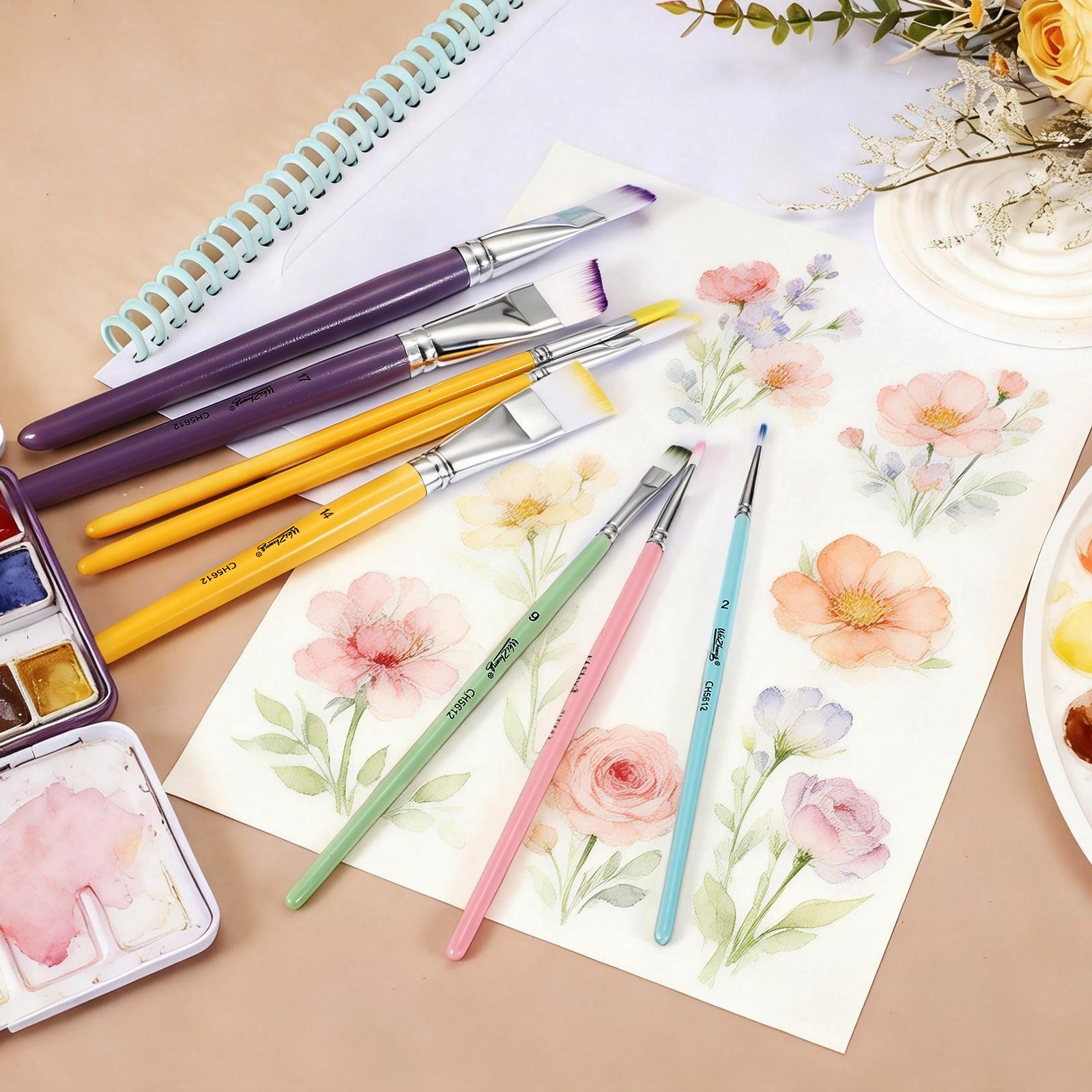 3Pcs Soft Fine Hair Oil Paint Brushes, 14# Watercolor Paint Brush, Yellow