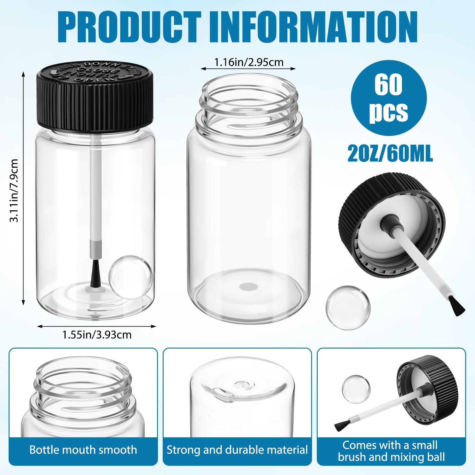 60 PCS 2 Oz Empty Touch Up Paint Bottles Brush Mixing Balls Leftover Repair