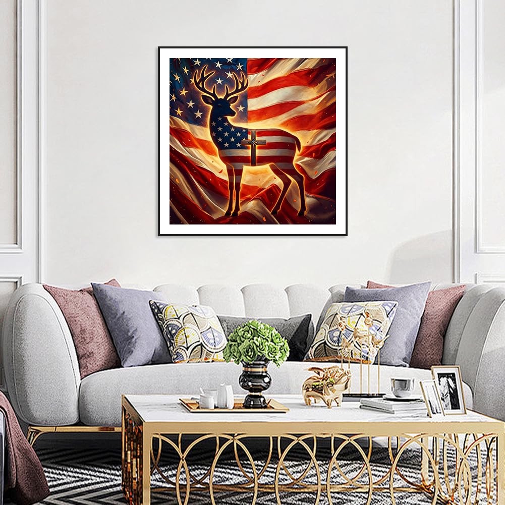 Deer Diamond Art, Diamond Painting Kit for Adults American Flag Gem Art Kit, 5D
