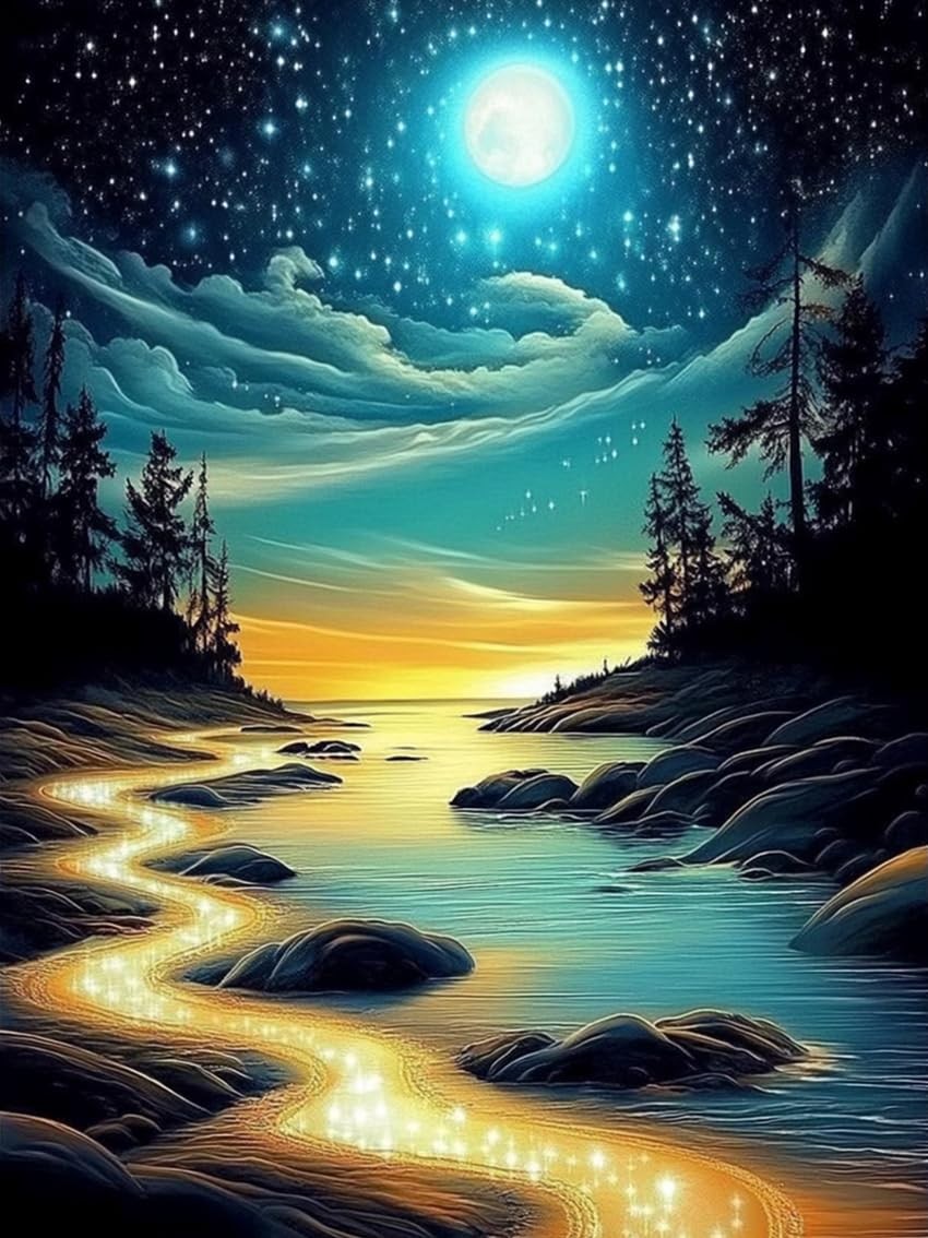 Moon Beach Diamond,Art Kit for Adults,5D Full,Drill Round Diamond Dot Painting f
