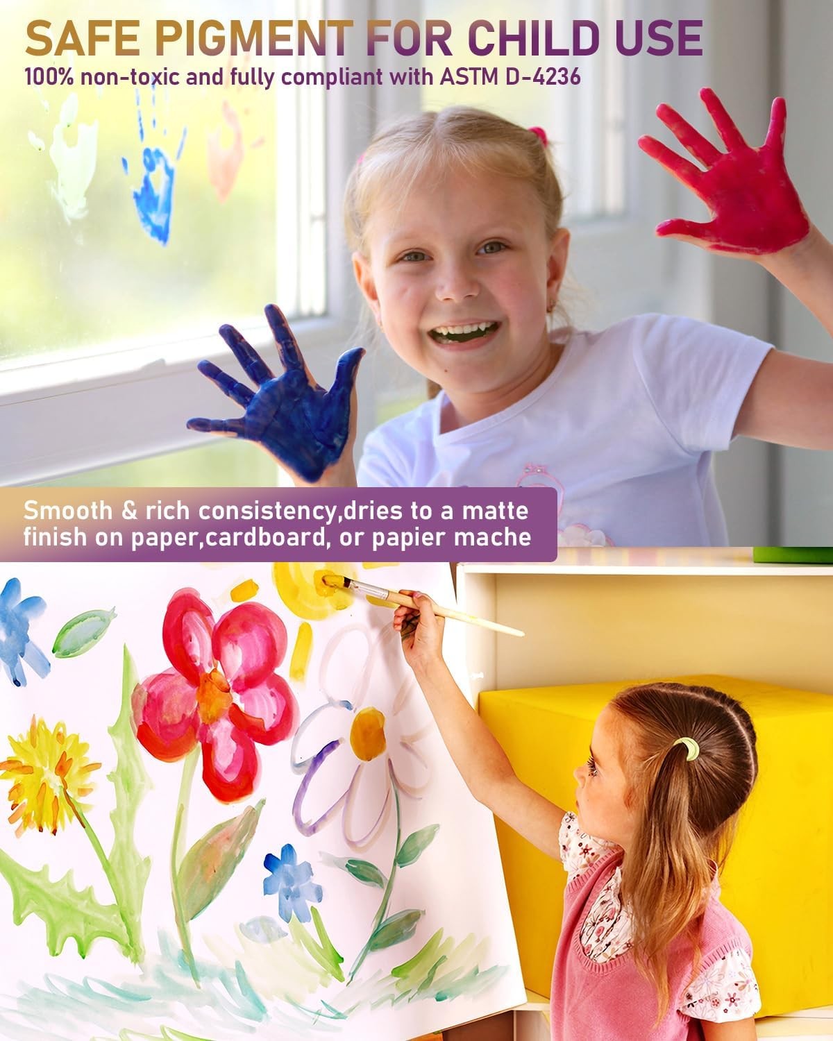 18 Colors Large Washable Paint Set for Kid (8.45oz), Acrylic Bulk Paint Supplies